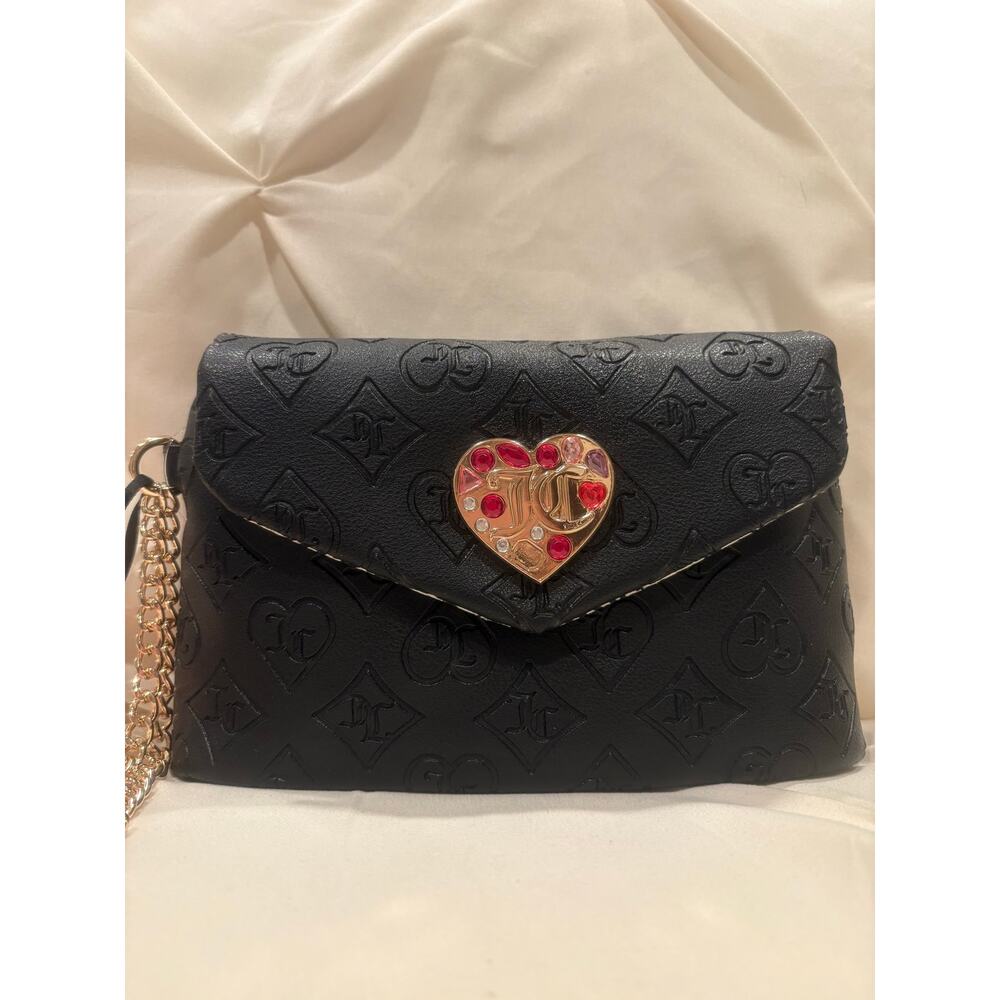 Juicy Couture Glitz Out Black Mini Wristlet Clutch Jeweled Heart Emblem NWT